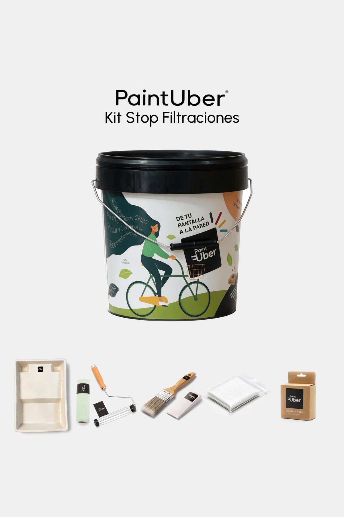 PaintUber Kit Stop Filtraciones: cubo de Cool Roof Therm, fibra de vidrio, bandeja, rodillo, brocha y cinta