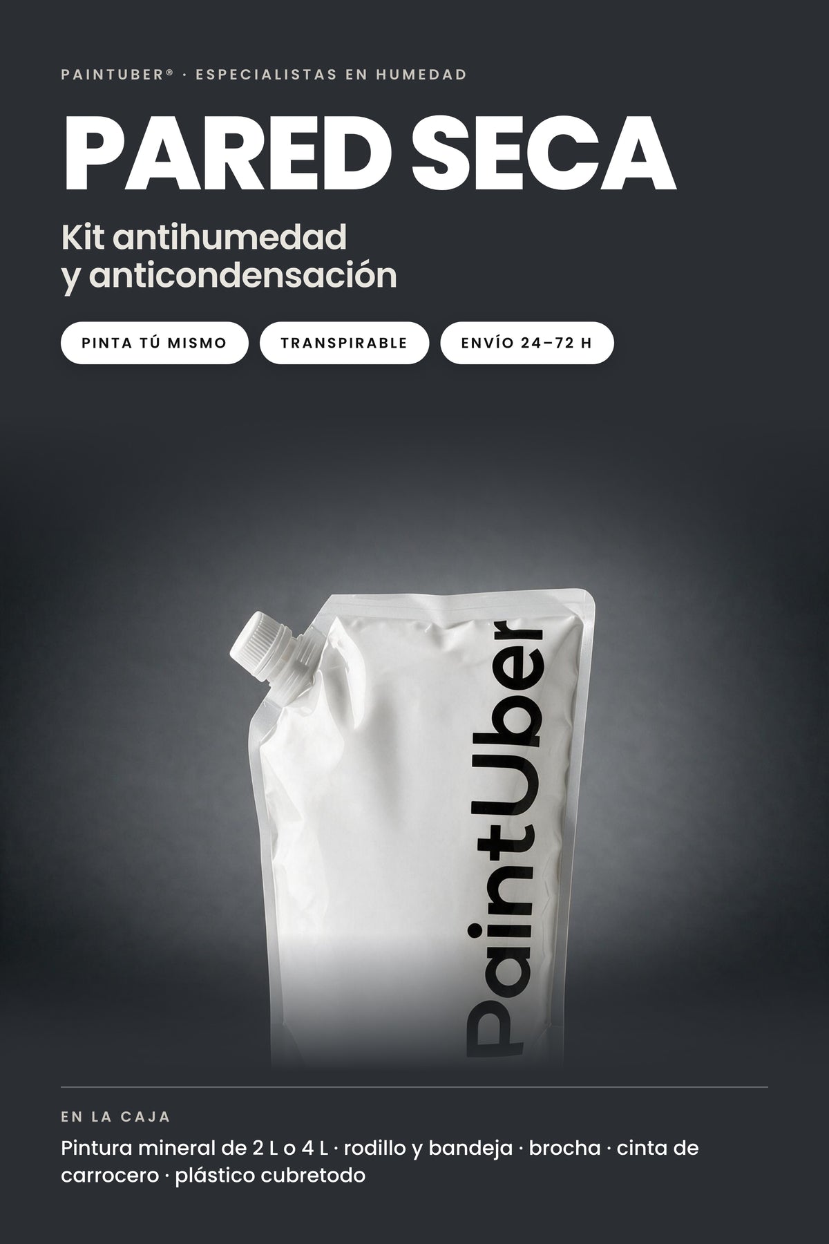 Kit Pared Seca de PaintUber: kit antihumedad y anticondensación con pintura mineral, rodillo, bandeja, brocha, cinta y cubretodo