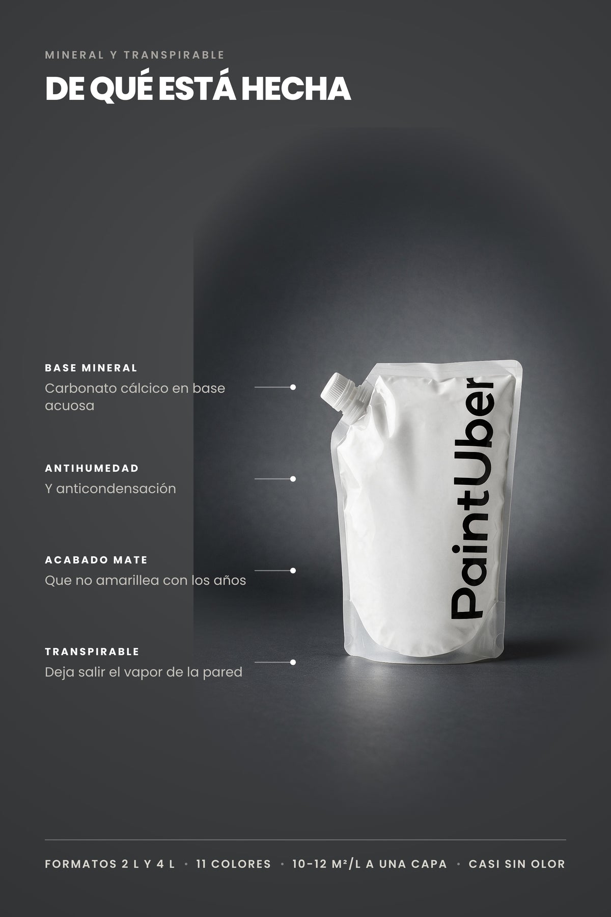 Bolsa de pintura mineral PaintUber: base mineral, antihumedad y anticondensación, acabado mate y transpirable