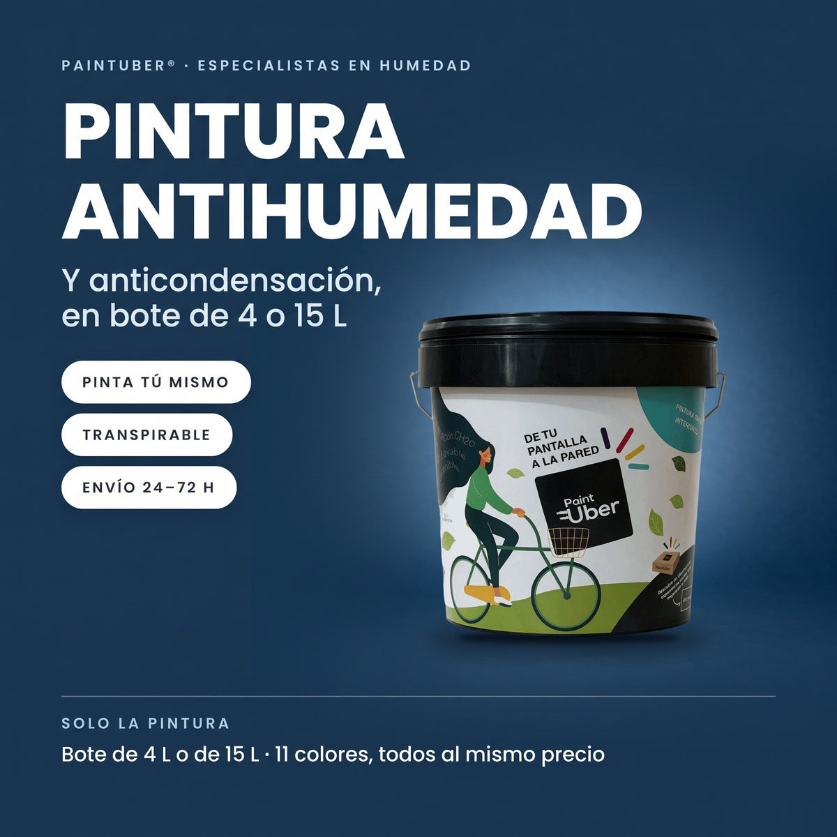 Bote de pintura antihumedad y anticondensación PaintUber, en 4 L o 15 L y 11 colores