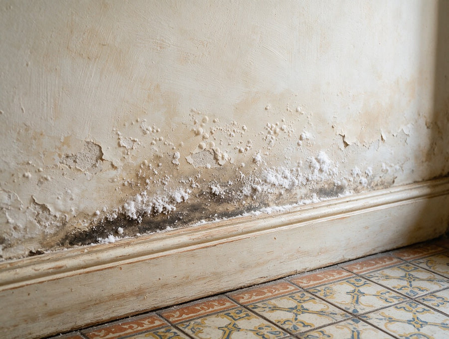 Parte baja de una pared con humedad que sube del suelo y salitre