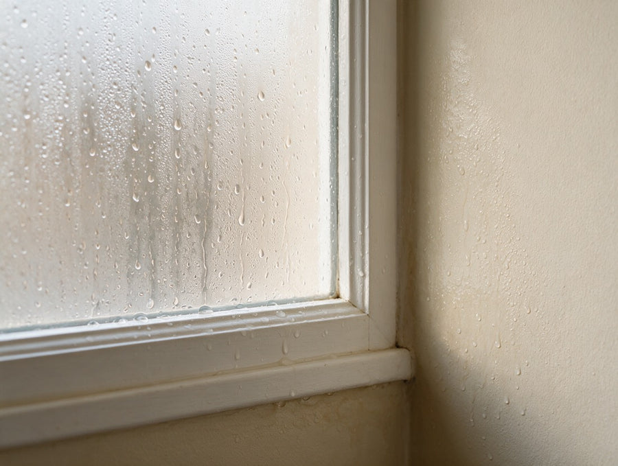 Cristal de una ventana con gotas de condensación junto a la pared