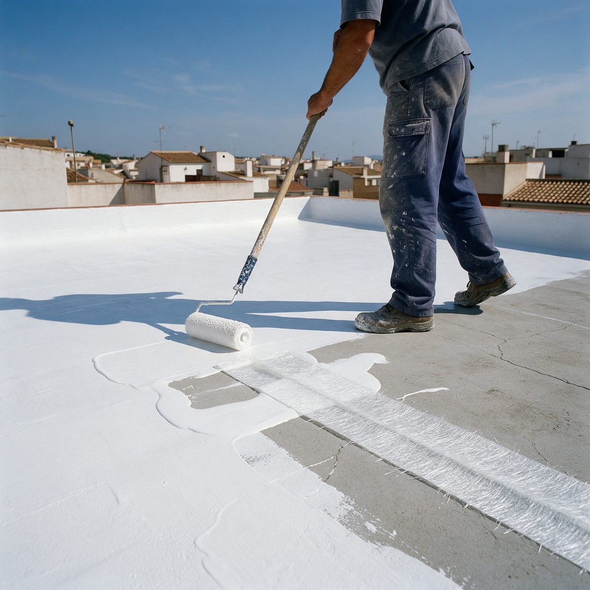 Aplicación de Cool Roof Therm con rodillo sobre una azotea, con la fibra de vidrio en una junta
