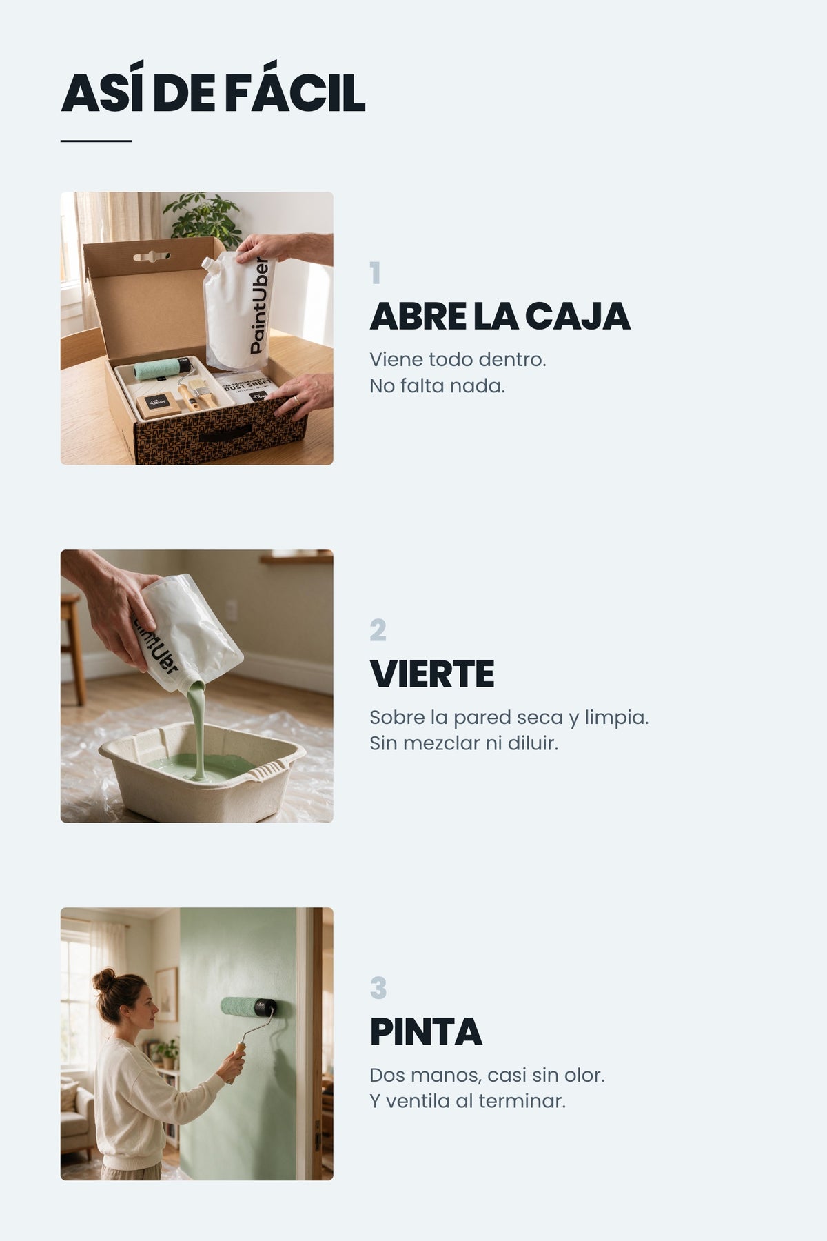 Así de fácil: abre la caja, vierte la pintura en la bandeja y pinta