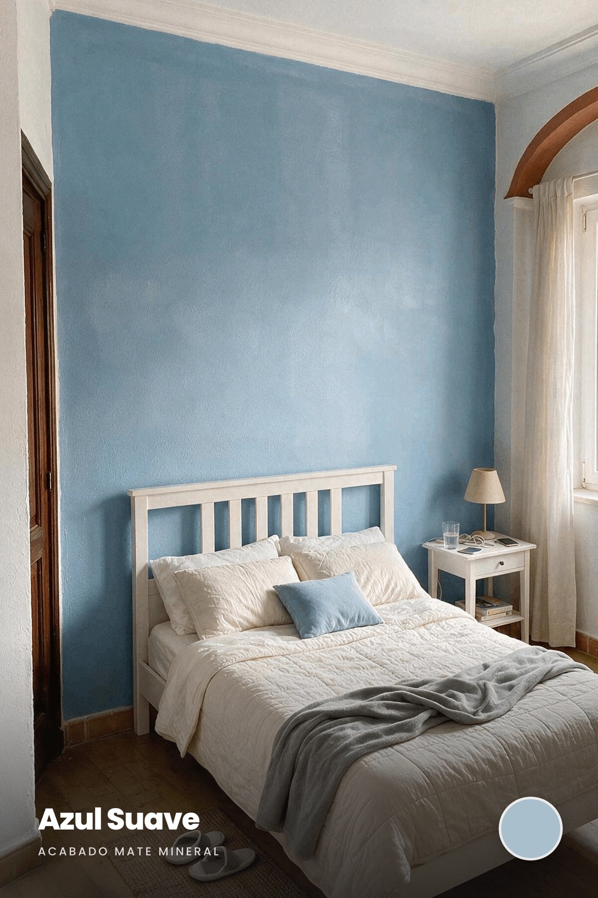 Dormitorio pintado en Azul Suave, acabado mate mineral