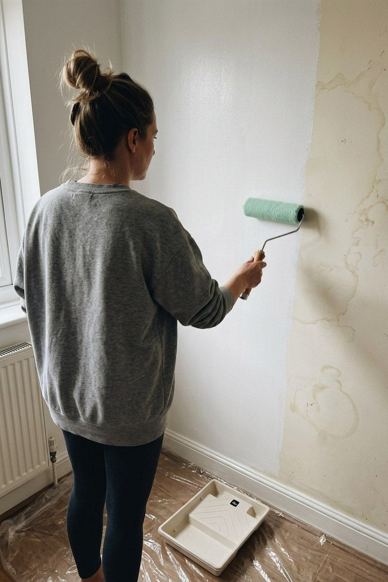 Imagen ilustrativa: pintando de blanco con el rodillo una pared con cercos de humedad