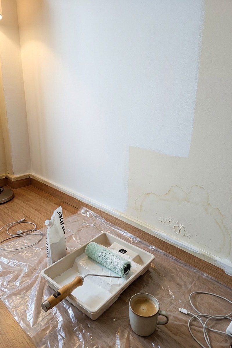Imagen ilustrativa: pared a medio pintar, con el rodillo en la bandeja y un café